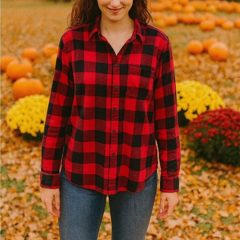 Style & Co Red and Black Plaid Women’s Flannel Shirt - Picture 2 of 6